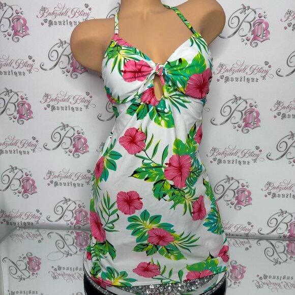 La vie en rose aqua dress tropical floral green pink white black blue strappy - Picture 2 of 10
